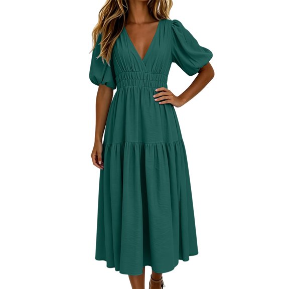 Iyufng Long Summer Puff Sleeves Dresses for Women V-Neck with Fitted Waist and Back Zipper