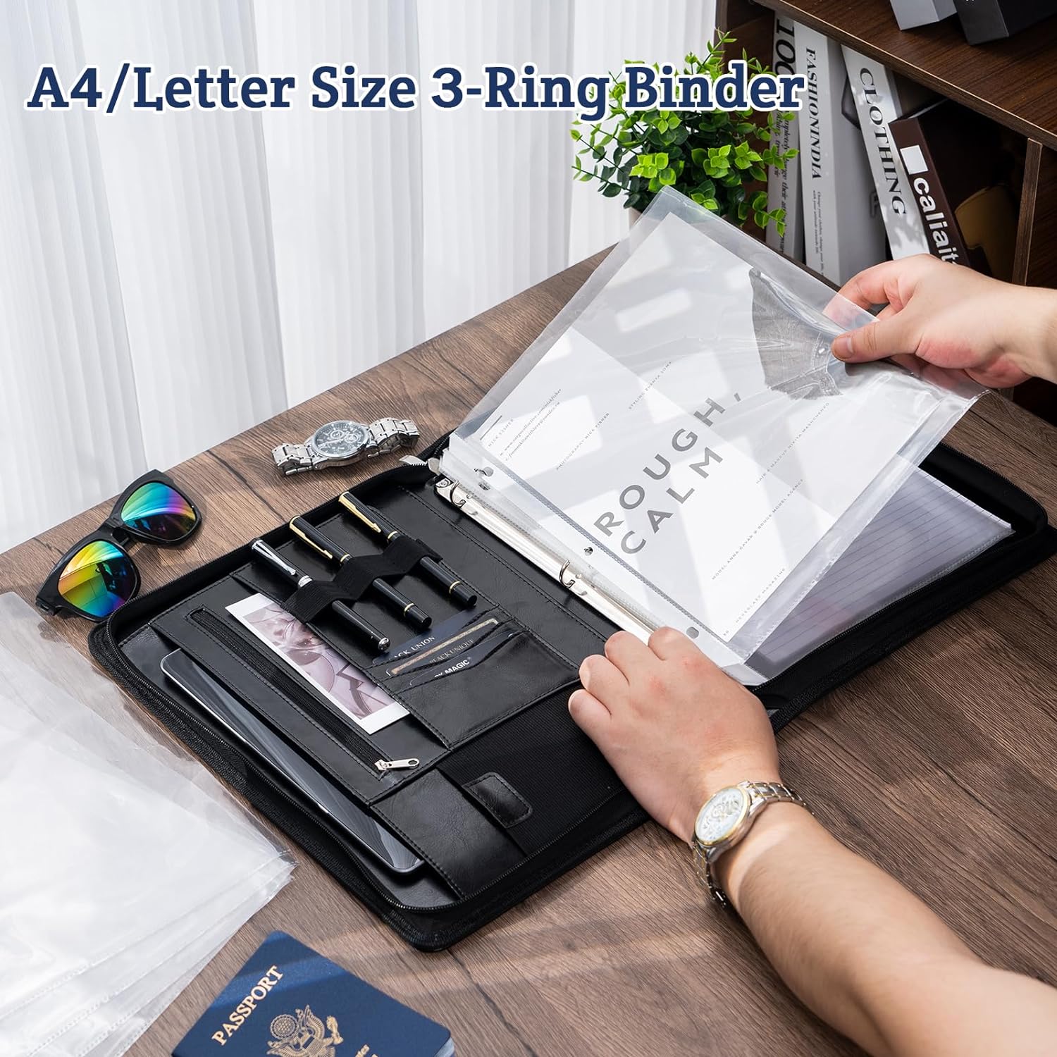 ProCase Portfolio 3-Ring Padfolio Folder Organizer, PU Leather Business Planner A4 Notepad Zipper File Binder Clipboard Removable Document Sleeve for Resume Interview Meeting -Black