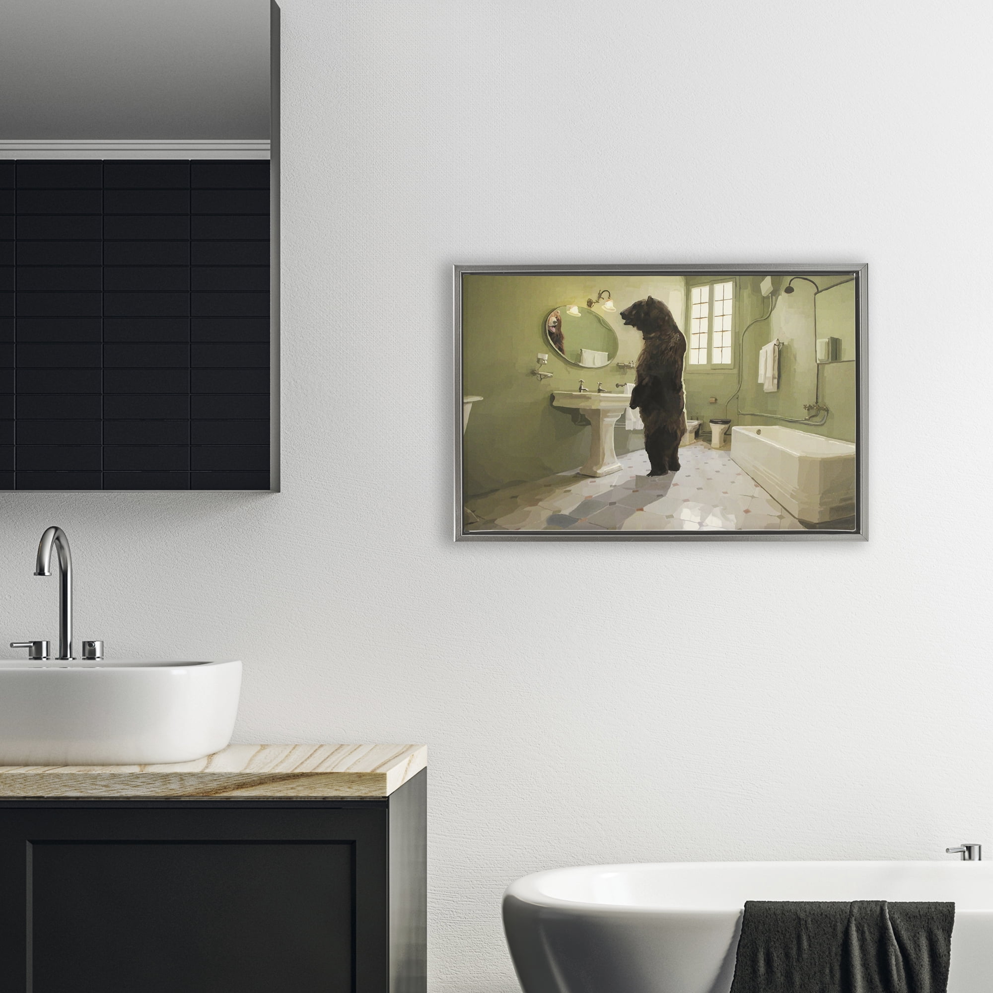 The Houseguest Bear in Bathroom Gray Framed Floater Canvas Wall Art, design by Keith Thomson