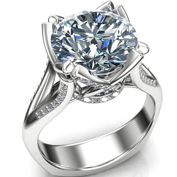 Round Diamond Engagement Wedding Ring, Hidden Halo Diamond Ring, Split Shank Solitaire With Accents Diamond Anniversary Ring, 14K White Gold Plated, 2.3 Simulated Diamond