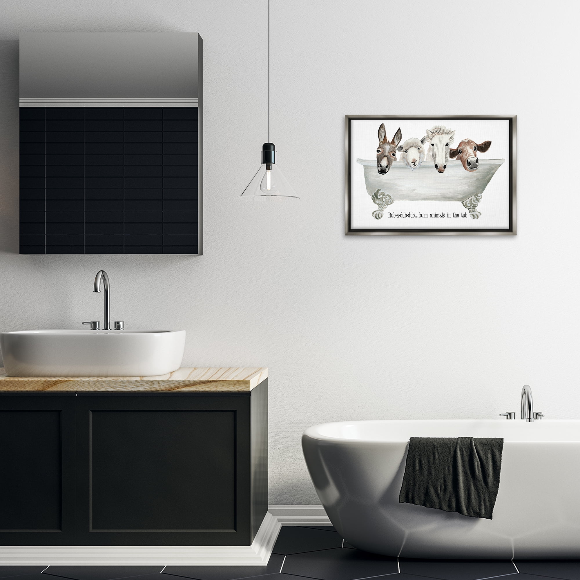 Stupell Industries Farm Animals Tub Bath & Laundry Painting Gray Floater Framed Canvas Art Print Wall Art, 25 x 17