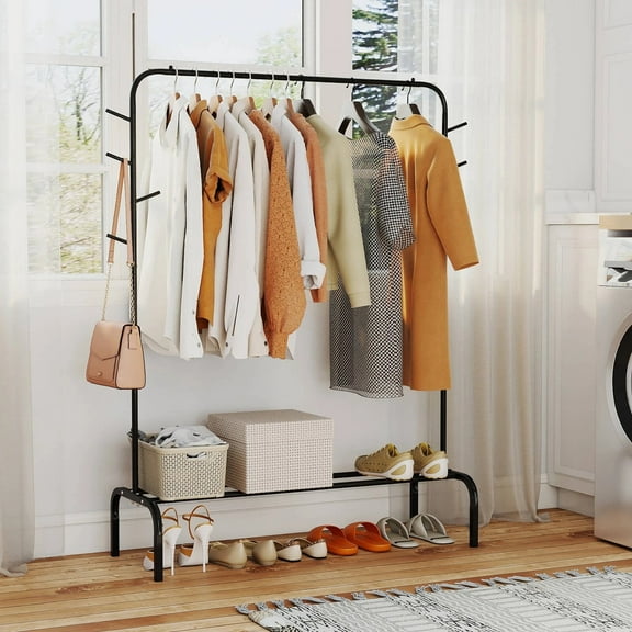 Auranook 50-Inch Wide Metal Garment Wardrobe Rack w/8 Hooks & Storage Shelf for Laundry