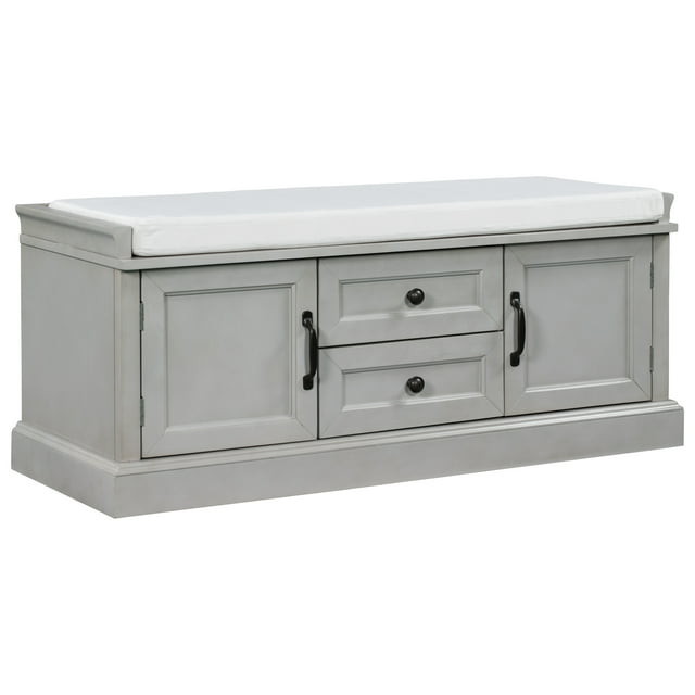 42.7" Storage Bench with 4 Doors & Cushion, Shoe Bench with Adjustable Shelves, Entryway Bench with Storage for Living Room, Hallway, Mudroom