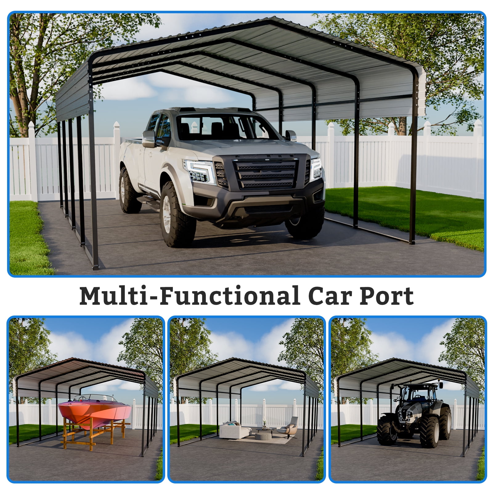 SnugNiture 10x15FT Heavy Duty Metal Carport, Galvanized Steel Frame & Roof, Reinforced Base Outdoor Shelter for Cars, Boats