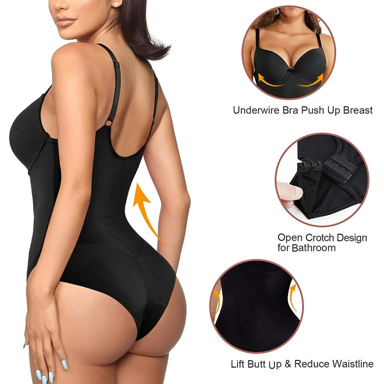 Loday Women's Bodywear Shapewear Bodysuit Waist Trainer Tummy Control  Smooth Body Shaper V Neck Underwire Bra Jumpsuit(Black,Large)