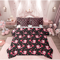 Manfei Black Pink Axolotl Bedding Comforter Set 7pcs for Teen, Kawaii Cartoon Strawberry King Bedding Sets, Love Heart Reversible Bed Sheets, Super Cozy Room Decor