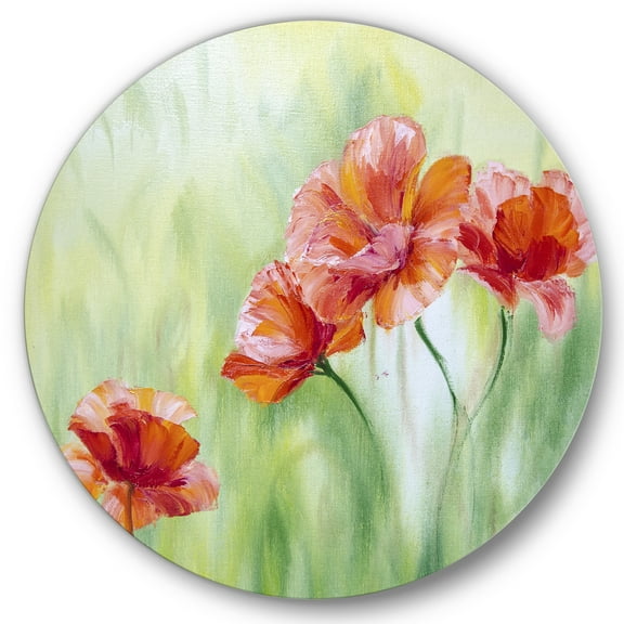 Designart 'Red Blossoming Poppies Over Wild Green I' Traditional Circle Metal Wall Art 36x36 - Disc of 36