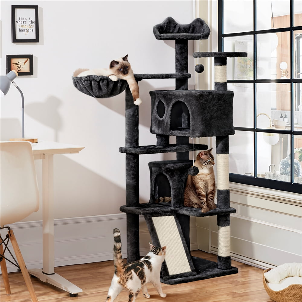 Yaheetech 57.5" Cat Tree Tower Cat Tree with 2 Condos, Scratching Posts, Ramp,Black