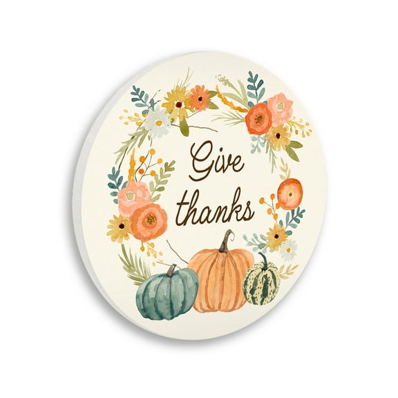 Stupell Industries Give Thanks Sentiments Orange Floral Pumpkin Wreath,12 x 12,Design By Victoria Barnes