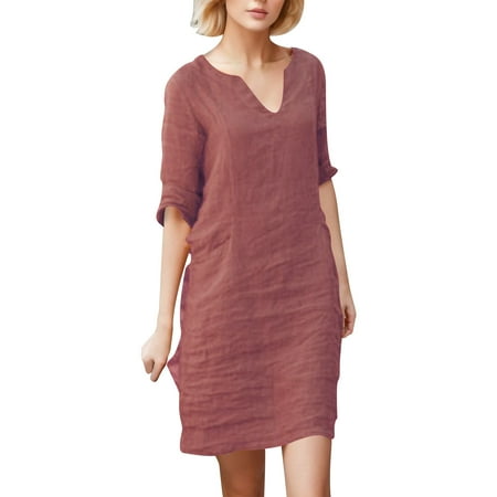 Blphud Leisure Wear Dresses Summer Dresses for Women 2024 Fitted Dresses Women s V Neck Splicing Retro Solid Color Short Sleeve Dress Women Dresses Women Womens Summer Dresses Pink XXL