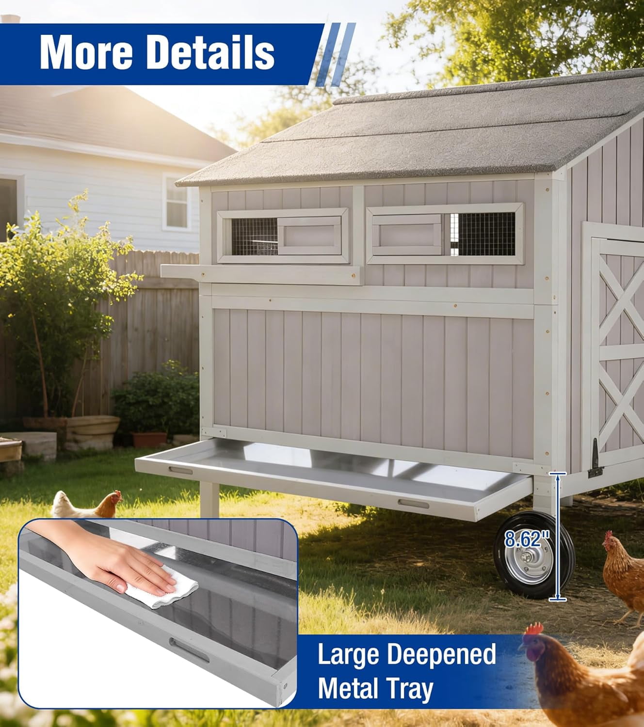 Aivituvin Large Chicken Coop with Wheels for 6-8 Chickens, Large Outdoor Duck Coop Hen House with Weatherproof Asphalt Roof, Nesting Box, Pull-Out Tray, 51.6" L x 41" W x 51.2" H