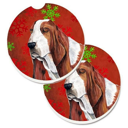 

Basset Hound Red & Green Snowflakes Holiday Christmas Set of 2 Cup Holder Car Coaster
