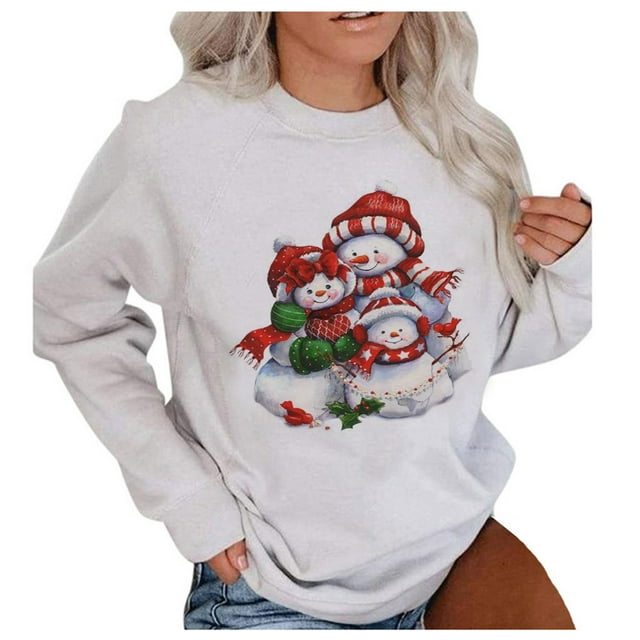 T-shirt à Manches Longues Femme Décontracté Imprimé de Noël Col Rond Manches Longues Chandail Fin