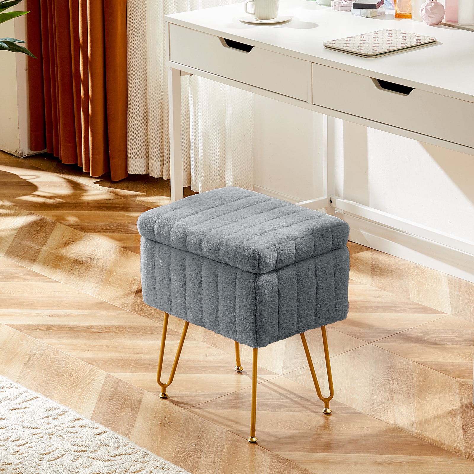 LIFERECORD Small Ottoman with Storage, Vanity Stool with Storage for Bedroom, Ottoman Coffee Table,Small Velvet Foot Stool for Living Room, Grey