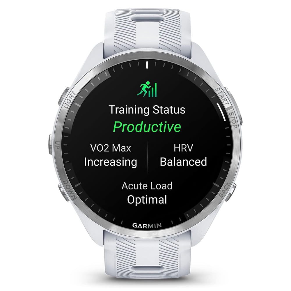 Garmin 010-02809-01 Forerunner 965 Running Smartwatch Whitestone and Powder Gray Bundle with Deco Essentials Charging Dock, Silicone Dust Cover 3 Pack and 1.4 Inch Screen Protector