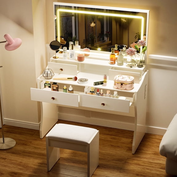 COMHOMA White Vanity Desk with Mirror and Lights, Vanity Table and Chair Set with 4 Drawers and Charging Station