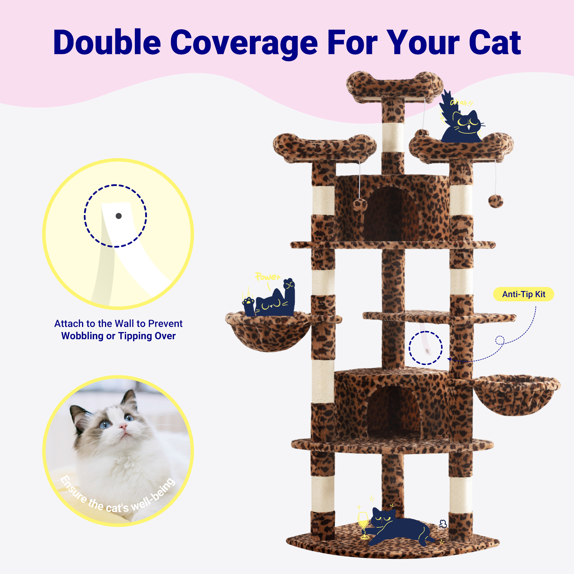 Allewie 73in Fan-Shaped Space-Saving Corner Cat Tower, Multi-Level Tall Cat Tree for Indoor Kitties, Cozy Baskets, Condos, House, Perches, Sisal Scratching Posts, Leopard Print