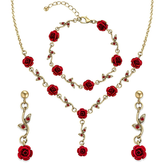3 piezas de collares de flores rojas rosas para mujer, aretes colgantes de flores rosas rojas, pulseras rosas, conjuntos de joyas de oro rosa para graduación