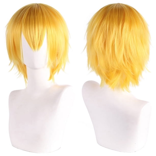 Zhuge Peluca de pelo corto unisex de anime, peluca de anime para cosplay, pelucas sintéticas resistentes al calor para fiesta de disfraces con flequillo, amarilla
