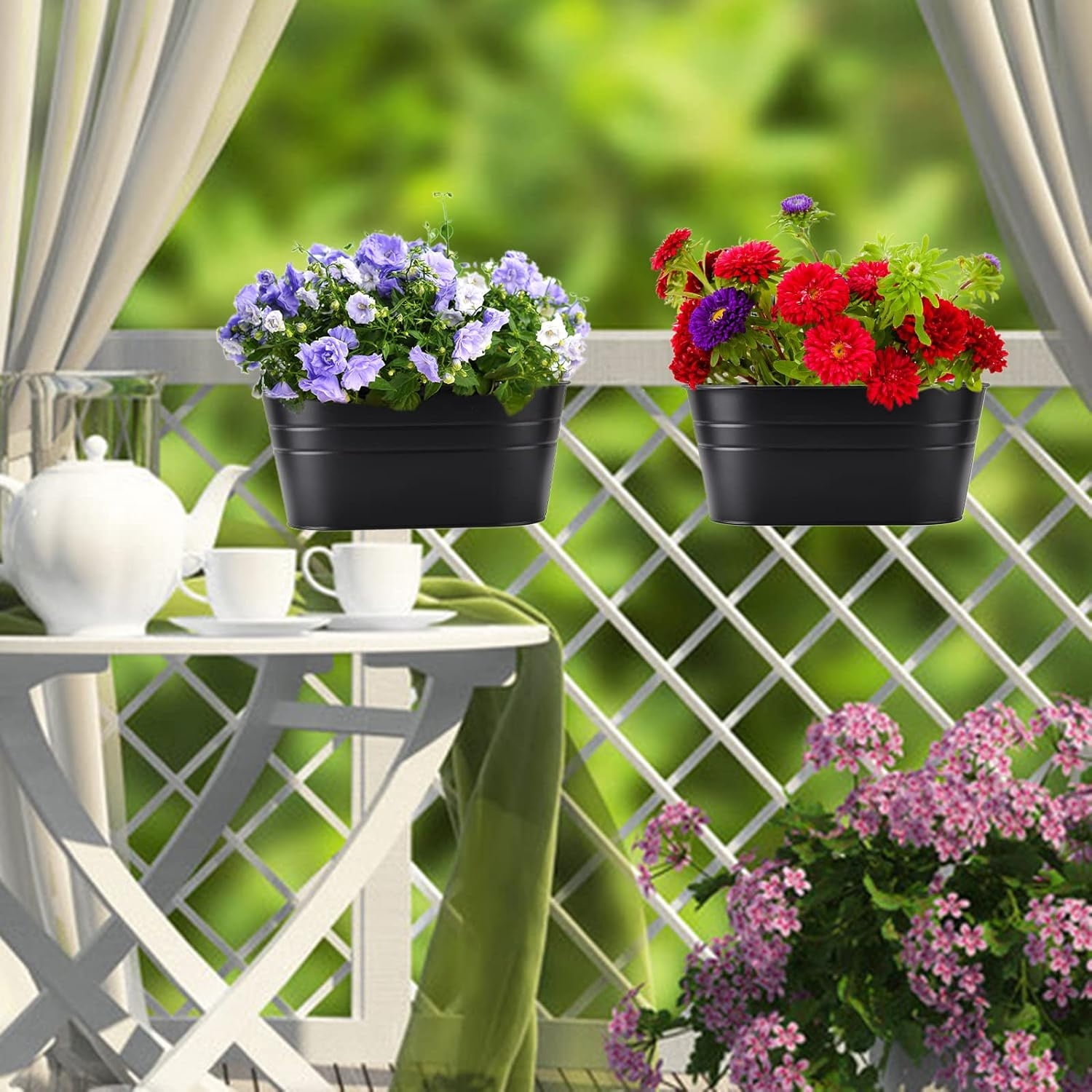 Metal Wall Hanging Planter,Bexikou 3 Pcs Balcony Metal Buckets with Detachable Hooks&Drainage Holes,Large Oval Fence Hanging Planters for Railing Outdoor Great for Garden Home Decor, Black