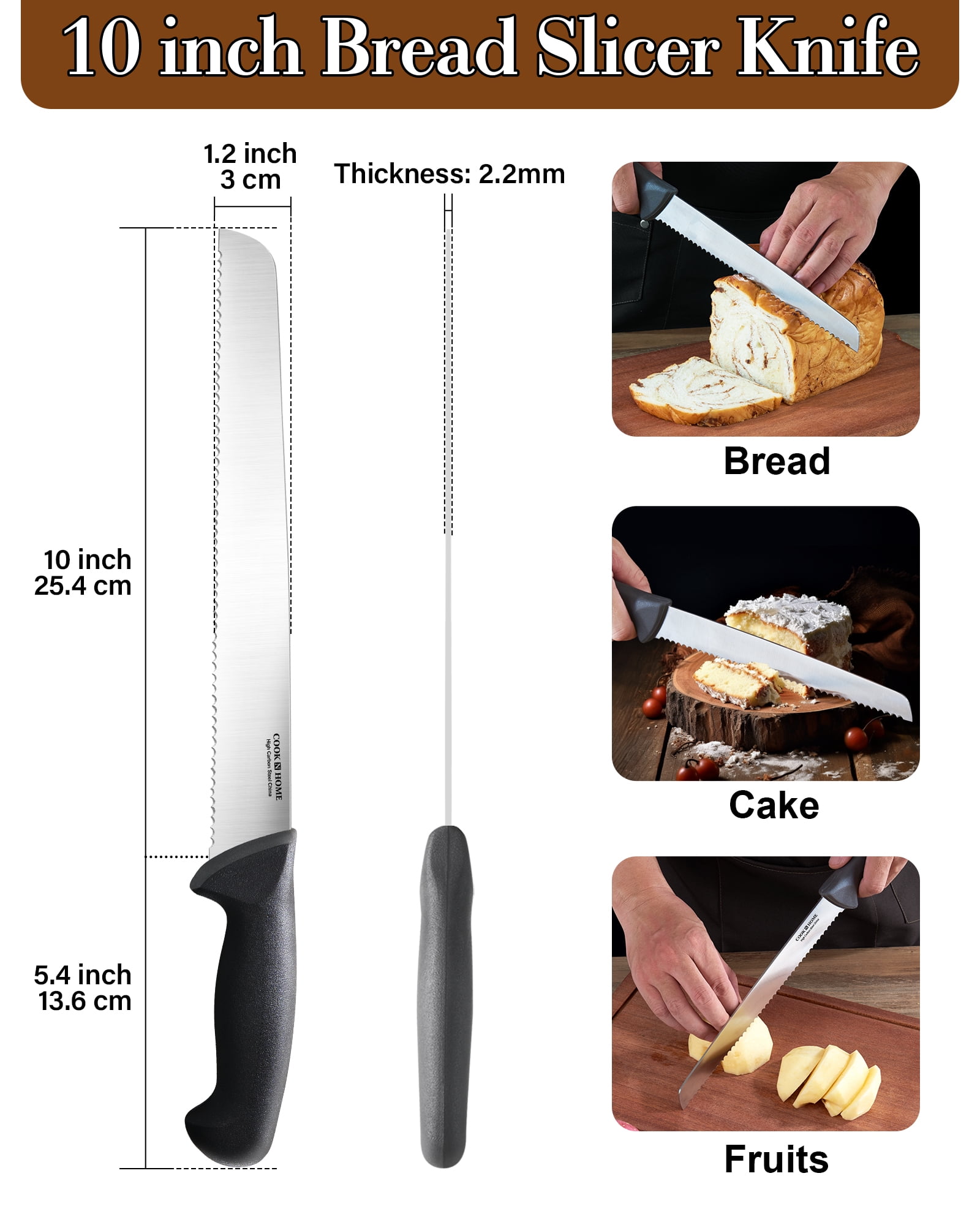 Cook N Home Professional Cutlery 10 Inch Bread Slicer Knife, Wavy Serrated High Carbon German Stainless Steel Sharp Kitchen Knife, Ergonomic Handle, Black
