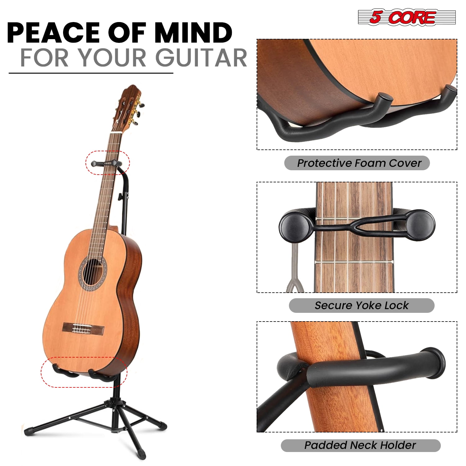 5Core Guitar Stand Floor Adjustable Heavy Duty Folding Metal Black for Acoustic Electric Bass Guitars 2 Pack