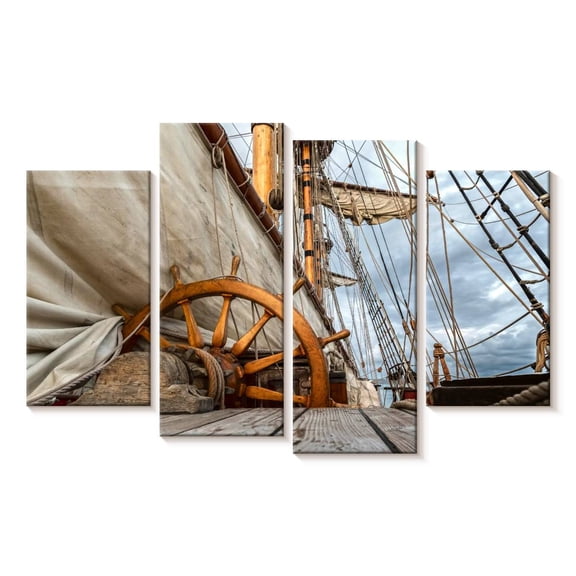 Elephant Stock Ship Wheel And Deck Wall Art - Horizontal Multi Panel Canvas - Living Room Wall Decor - Nautical Multi Panel - Brown And Beige Decor - 30" x 18"