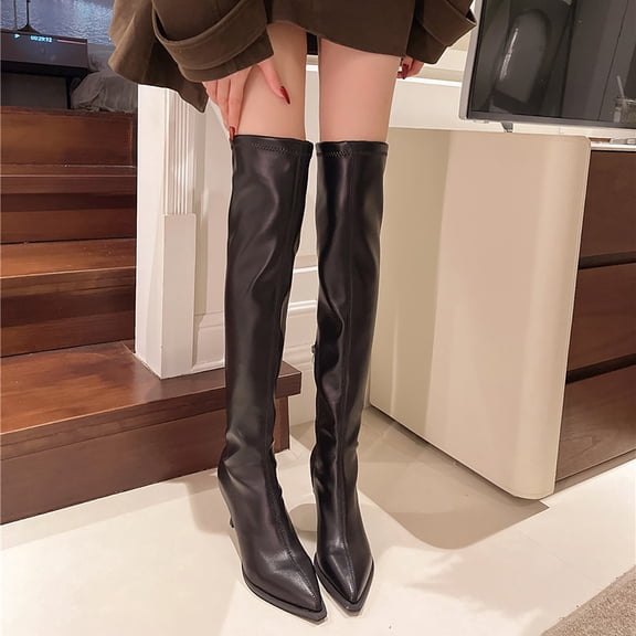Viluyesy Over The Knee Boots for Women Stiletto High Heel Pointed Toe Side Zipper Comfortable Faux Leather Dress Shoes Black Size 4.5