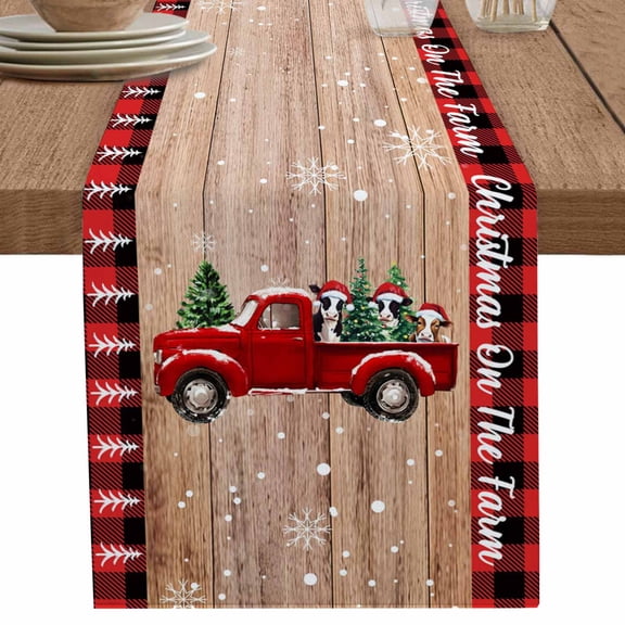 nqOlkjepod Christmas Truck Table Runner 120 Inches Long Farmhouse Dress Scarves, Xmas Tree Red Plaid Snowflake Retro Dining Tablerunner for Coffee Table/Kitchen Island/Party Décor, 13" x 120"