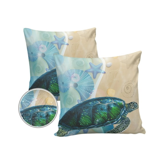 Pack of 2 Outdoor Pillow Covers, Beach Turtle Shell Starfish Ocean Nautical Waterproof Square Throw Pillowcase Cushion Decorative Pillow Covers for Couch Patio Tent, 18x18 in