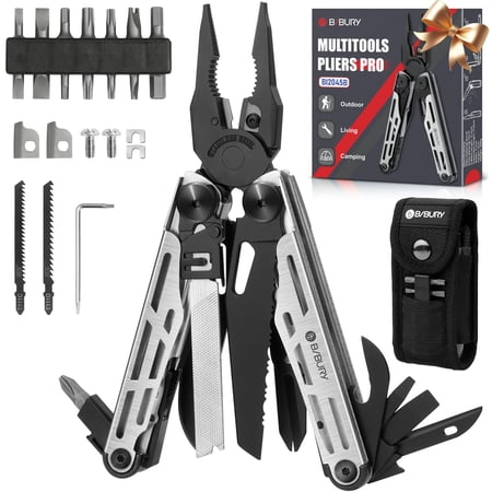 BIBURY Multitool Pliers Pro BI2045 Foldable Multitools with Replaceable Wire Cutters and Saw Stainless Steel Multi Tool w/Upgraded Scissors and Screwdriver Set Ideal for Camping Hiking Survival
