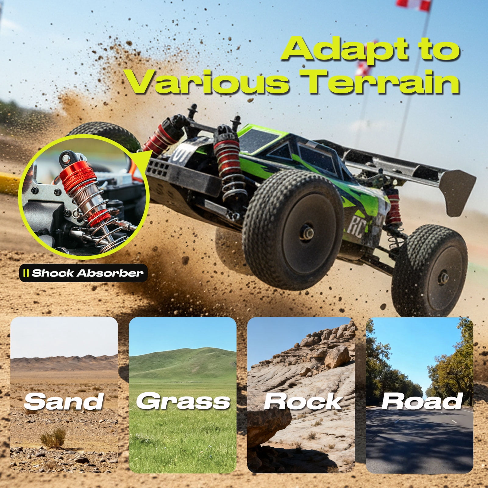 All Terrain 1:14 Scale 4WD Off Road High Speed RC Monster Truck, 35KM/H Fast Racing Car, Dual Batteries, Proportional Steering, LED Lights