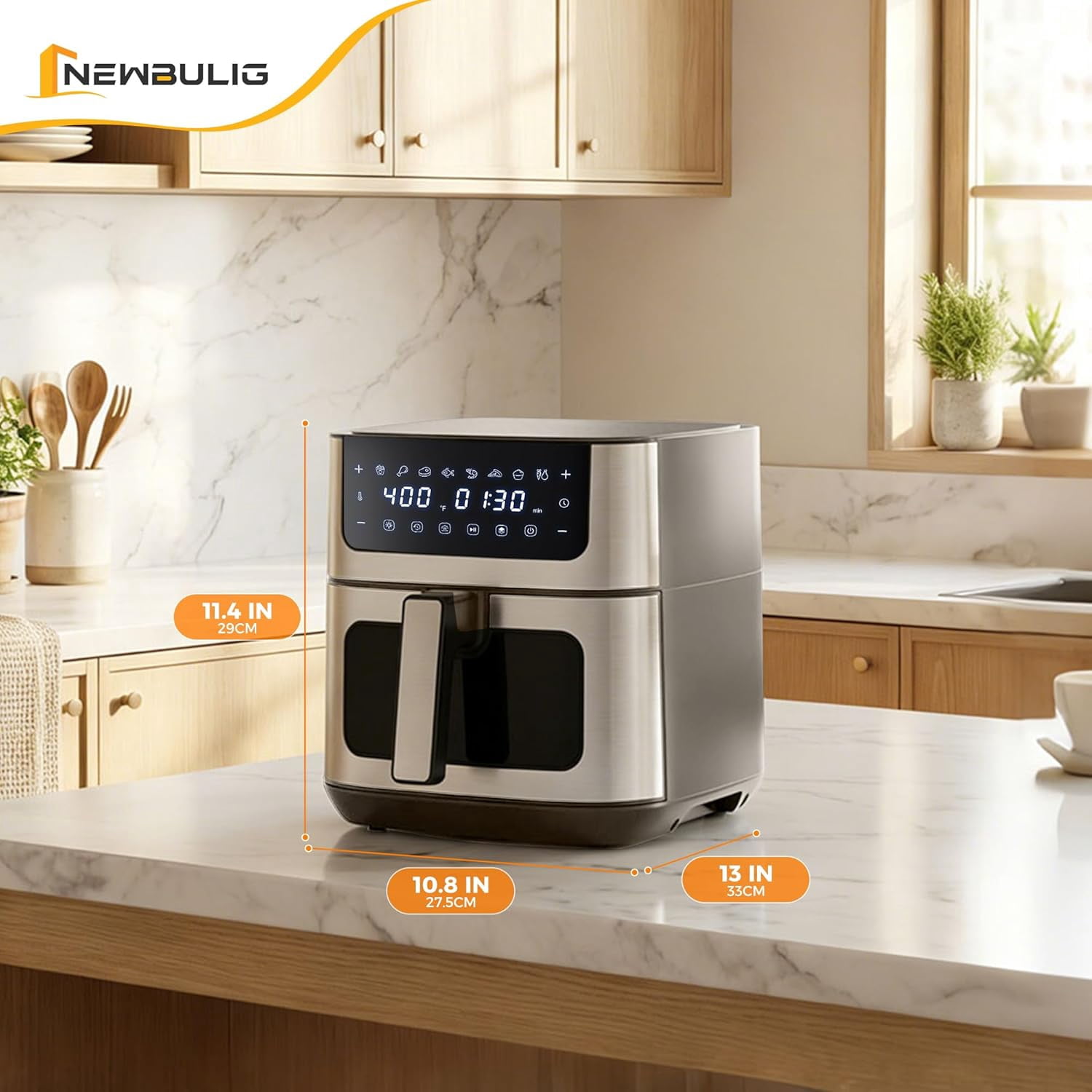 Air Fryer 6.34QT, Airfryer with Visible Window, 400 ℉ Fast Heating Air Fryers Oven with Nonstick and Dishwasher-Safe Basket, 8-in-1 Cooking Preset, Timer，Auto-Off, Stainless Steel, White