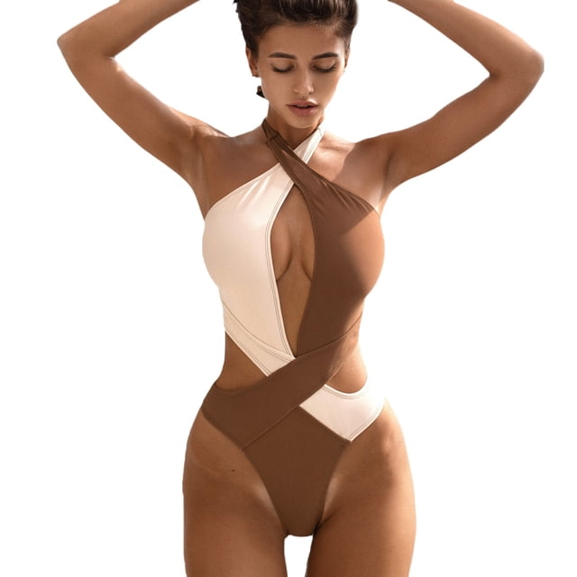 Women's Monokini Swimsuit - Color Block Stitching, Bra Cups, Elastic Straps, Full Coverage, Sizes S-L