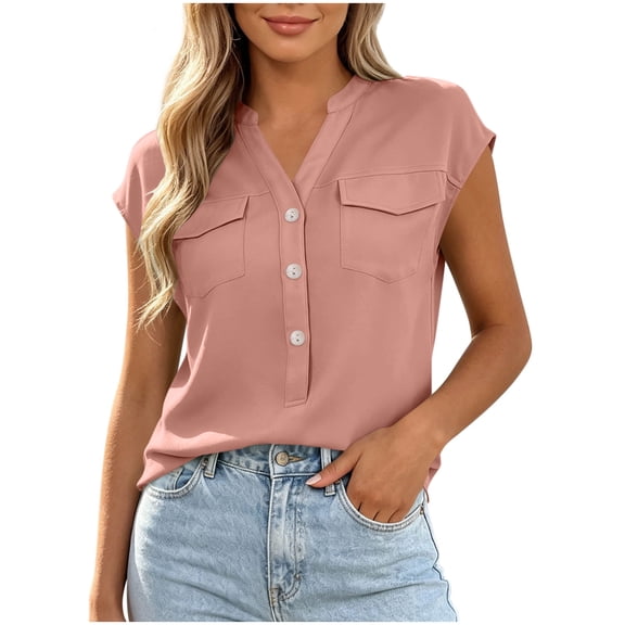 cocolona Womens Summer Tops Short Sleeve V Neck Button Shirts with Pockets Dressy Casual Loose Tunic Blouses