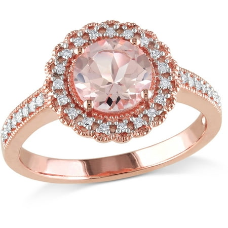 Tangelo 1-1/6 Carat T.G.W. Morganite and 1/7 Carat T.W. Diamond Rose Rhodium-Plated Sterling Silver Halo Cocktail Ring