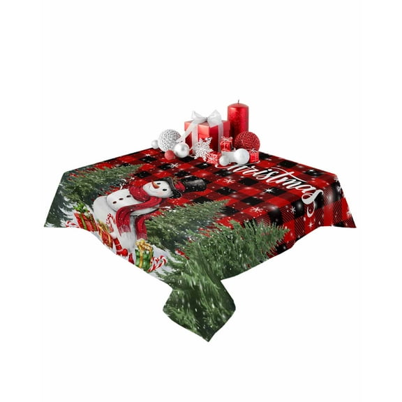 Square Tablecloth 54 x 54 Inches Snowman Christmas Tree Red Plaids Waterproof & Stain Resistance Table Cloth Decorative Fabric Table Cover for Dinning/Party/Buffet/Banquet