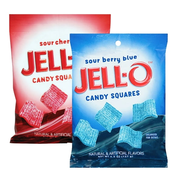 Jell-O Gummi Candy 4.5oz Sour Cherry and Berry Blue Squares Chewy Sour Gummies for Easter Egg Hunts Kids Adults Snacks Easter Basket Stuffer Spring Goodies Bag Fillers Birthday Party Favor Pack of 2