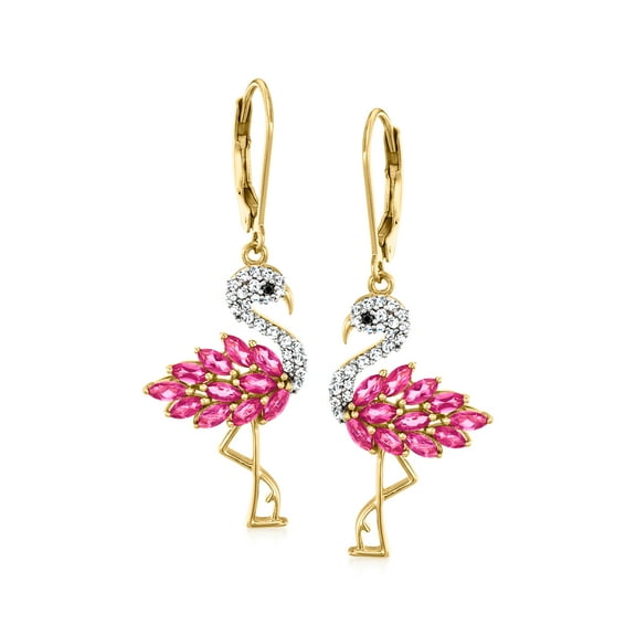 Ross-Simons 1.60 ct. t.w. Pink Topaz and .40 ct. t.w. White Zircon Flamingo Drop Earrings With Black Spinel Accents in 18kt Gold Over Sterling, Women's, Adult