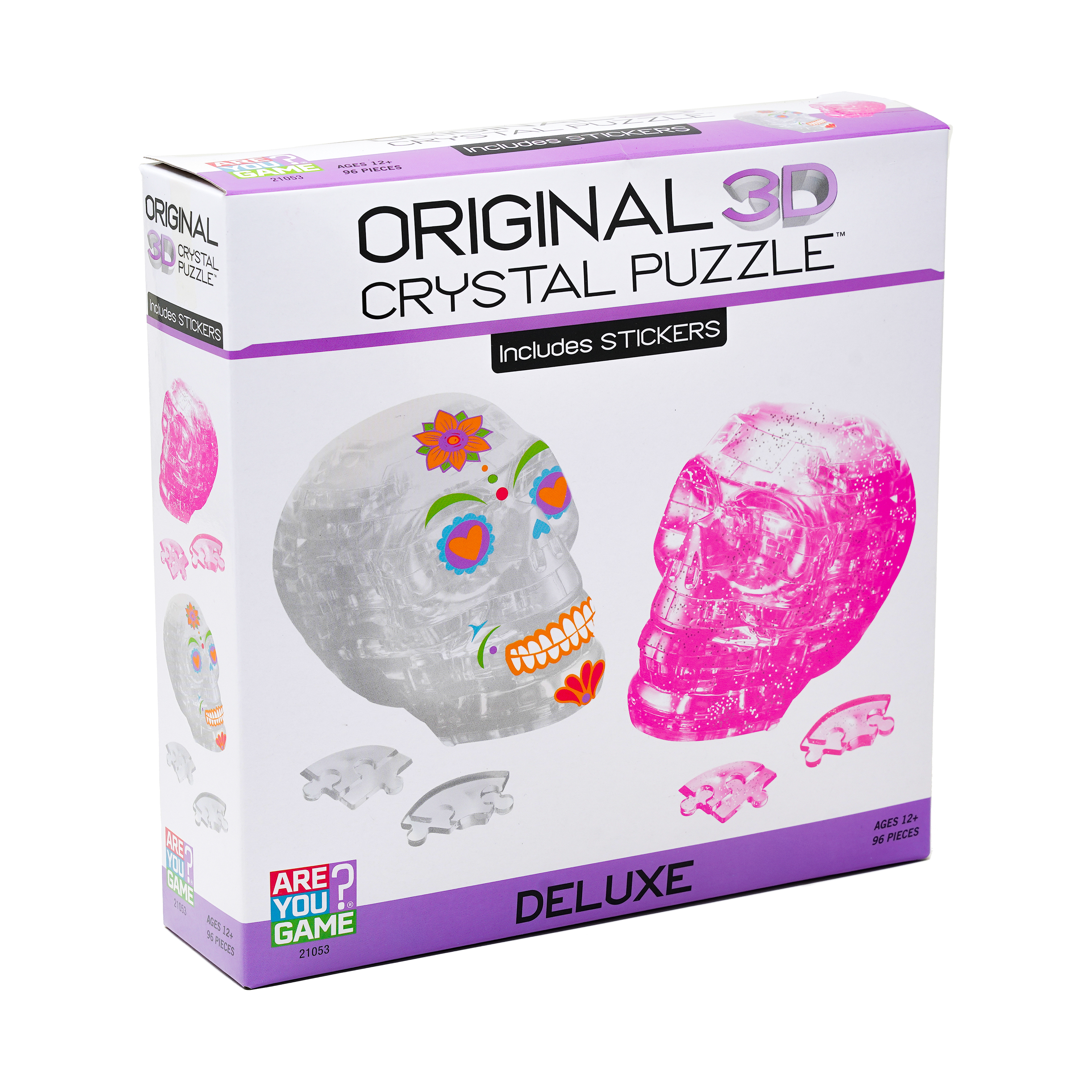 AreYouGame.com 3D Crystal Puzzle - Deluxe Skulls 2-Pack Bundle with Stickers (White/Pink): 96 Pcs