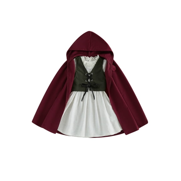 RUINIXCW Toddler Baby Girl Renaissance Outfit Costume Kids Halloween Medieval Costume Little Girls Vintage Medieval Retro Long Sleeve Lace Trim Dress with Vest Hooded Cloak Set