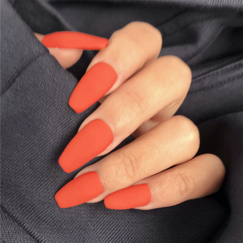 24 Pcs Matte False Nails Full Cover Artificial Orange Color Long Square  Head Europe and the United States Beam Nails 