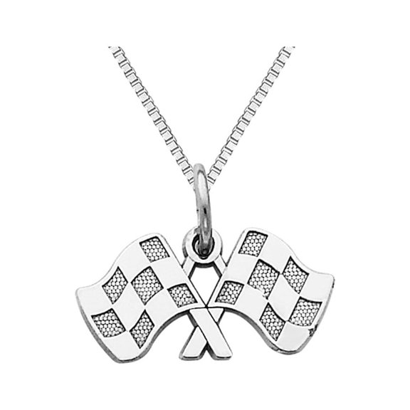 Gem & Harmony 14K White Gold Checkered Flags Charm Pendant Necklace with Chain for Men