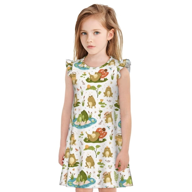 Fotbe Cute Frog Vestido de Dormir para Niñas de 3 a 10 Años, Mangas Cortas, Estilo Princesa, Pijama Camisón con Mangas Voladas-Large
