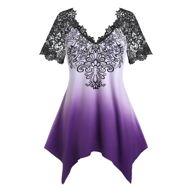 Camiseta con Puntilla Escotada de Panel en Talla Extra Rosegal Camisetas tallas grandes