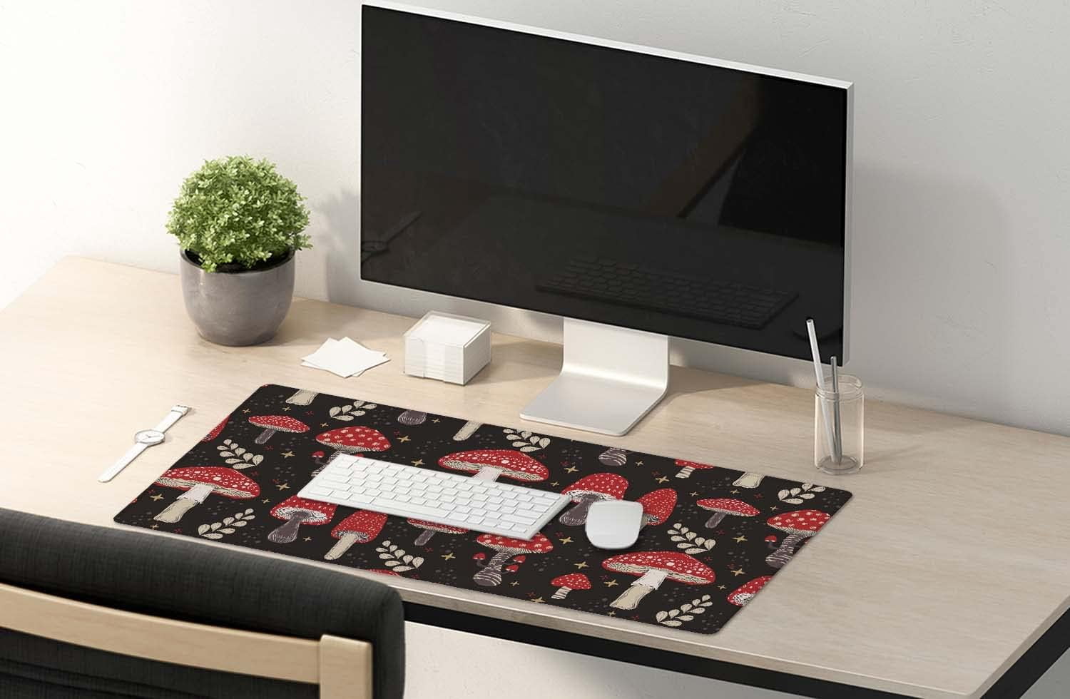 Cute Mushroom Pattern Desk Mat, Extended Mouse Pad, Large Gaming Mouse Pad 35.5" X 15.7", Waterproof Desk Mat Stitched Edges, Non-Slip Laptop Computer Keyboard Mousepad for Office and Home