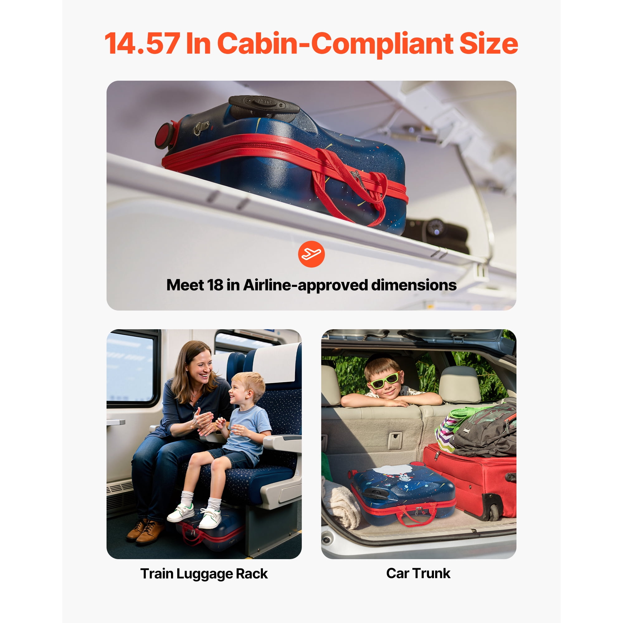 KFFKFF Ride-on Luggage, 26 L Capacity, 18-Inch Toddler Carry-On with Wheels, Adjustable Strap, Lightweight Kids Suitcase for Ages 3+, Blue & White