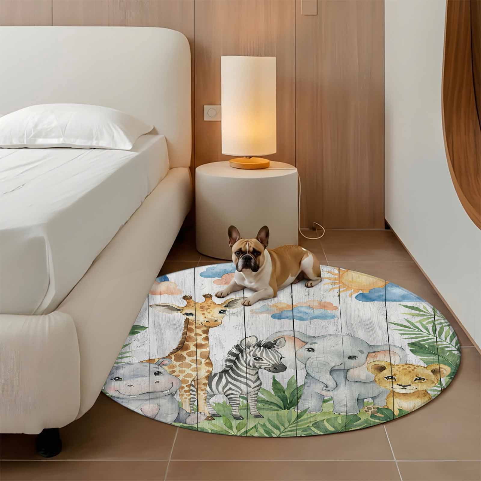 Cute Animals Round Area Rug 4Ft Washable Circle Rugs for Bedroom Dining Room, Cartoon Summer Botanical Palm Leaves Non-Slip Carpet Floor Mats Indoor Outdoor Carpet Runner Aesthetic Home Decor