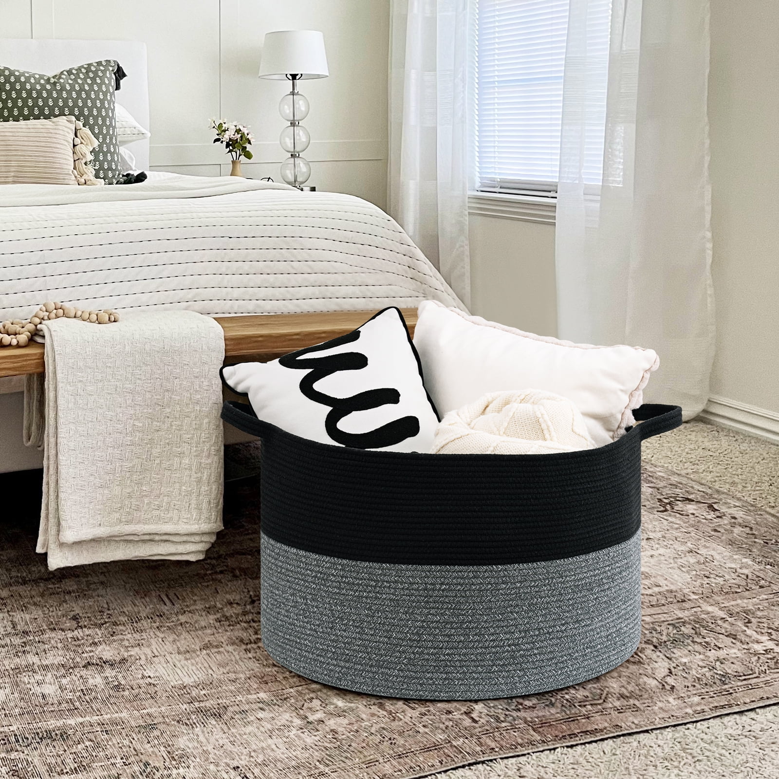 Timeyard Large Woven Laundry Hamper Basket - Decorative Storage Organizer for Living Room, Holds Toys Pillows Blankets Clothes - 21.7" x 21.7" x 13.8"-Black & Grey