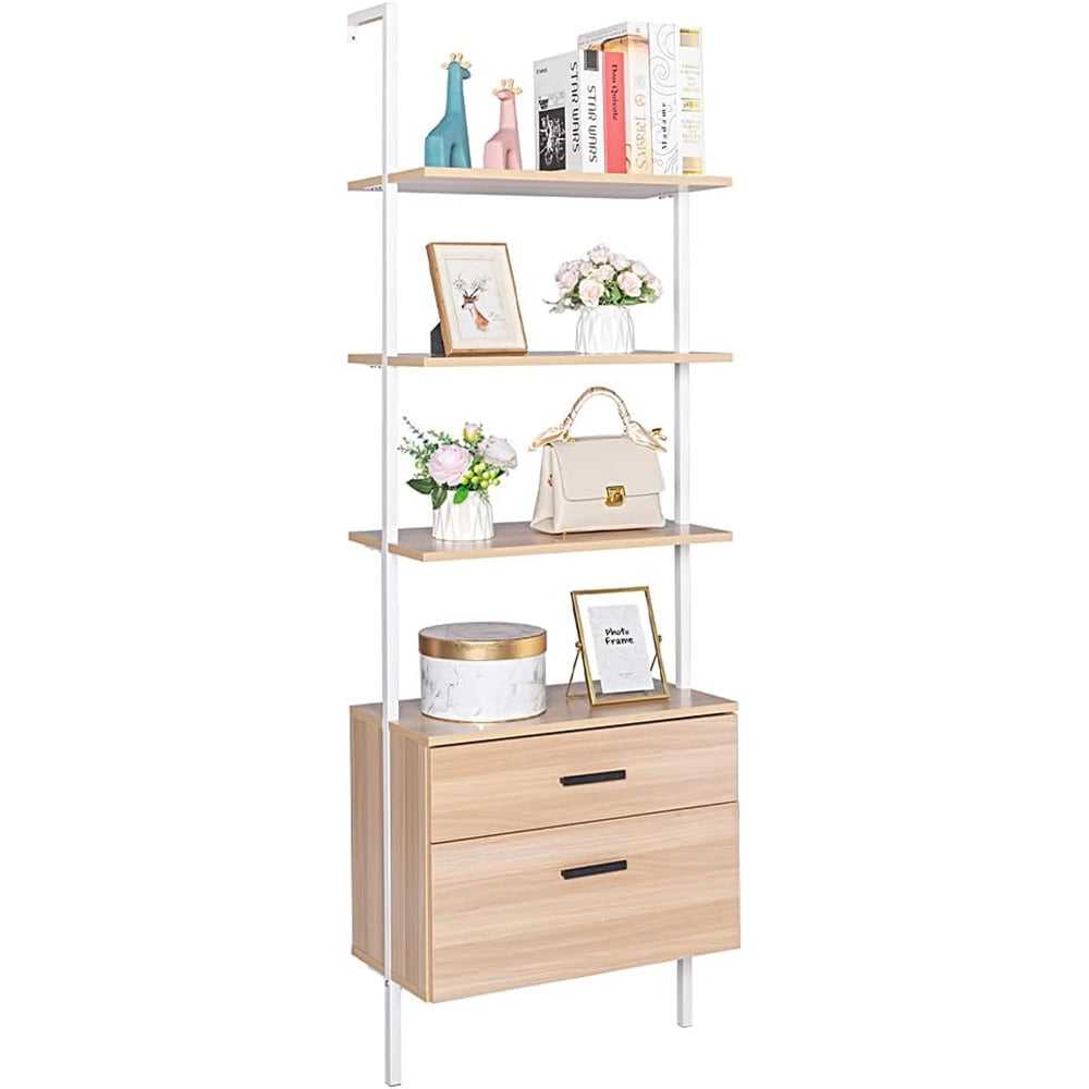 Hassch Industrial Ladder Shelf, 3 Tier Wood WallMounted Bookcase with